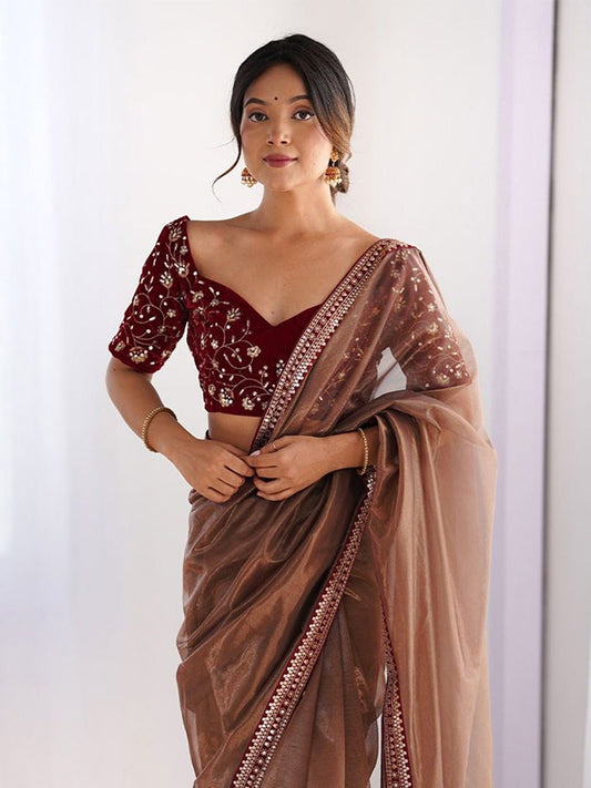 Mocha Elegance Organza Saree - Kurtikala