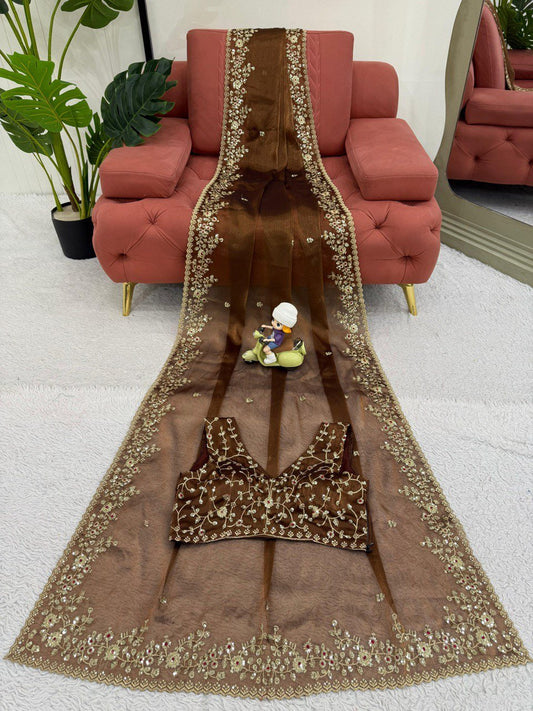 Royal Mocha Embroidered saree - Kurtikala