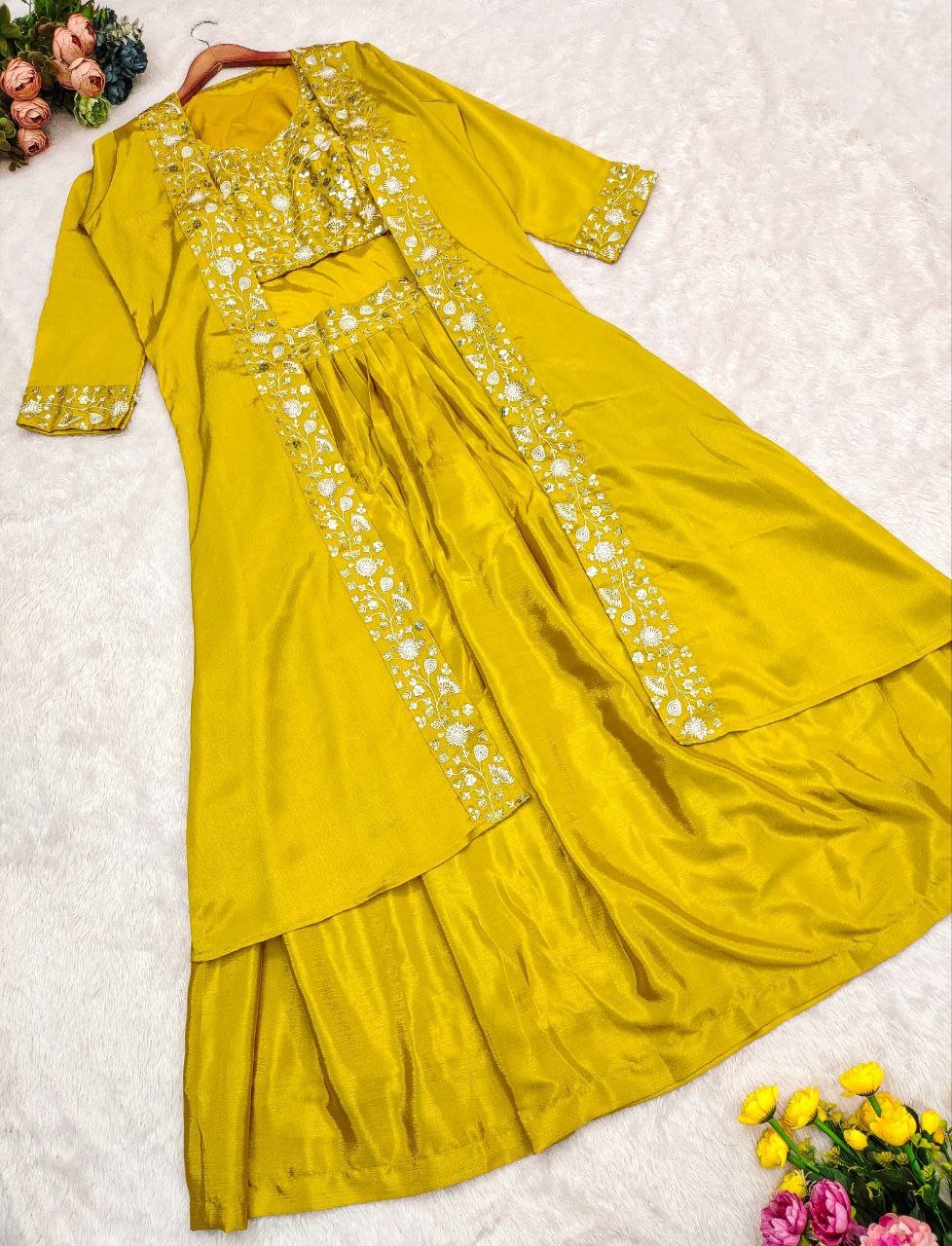 Mustard Elegance Chinnon Silk Shrug Set - Kurtikala