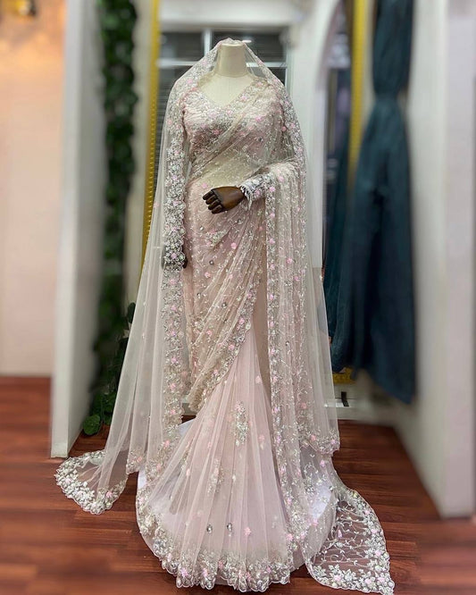 Rose Mist Embroidered Net Saree - Kurtikala
