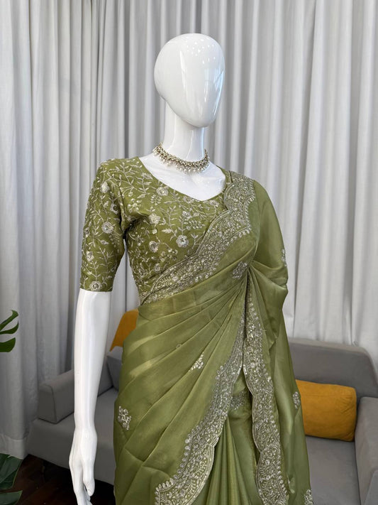 Olive Zariya Tibby Silk Saree - Kurtikala