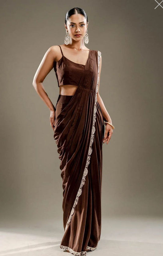 Royal Cocoa Embroidered Draped Saree - Kurtikala