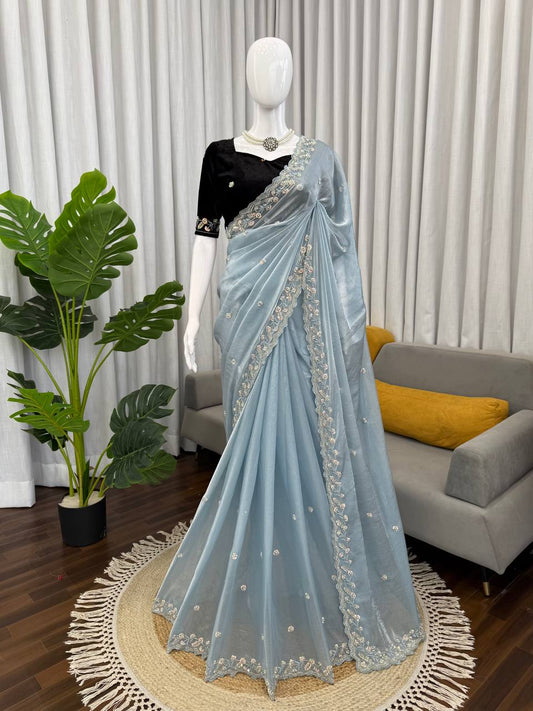 Frosted Elegance Embroidered Saree - Kurtikala