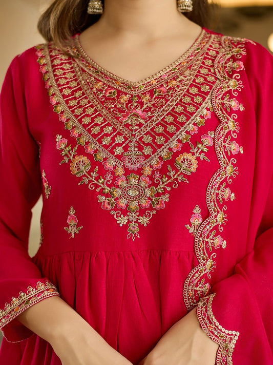 Embroidered Red Anarkali Suit - Kurtikala
