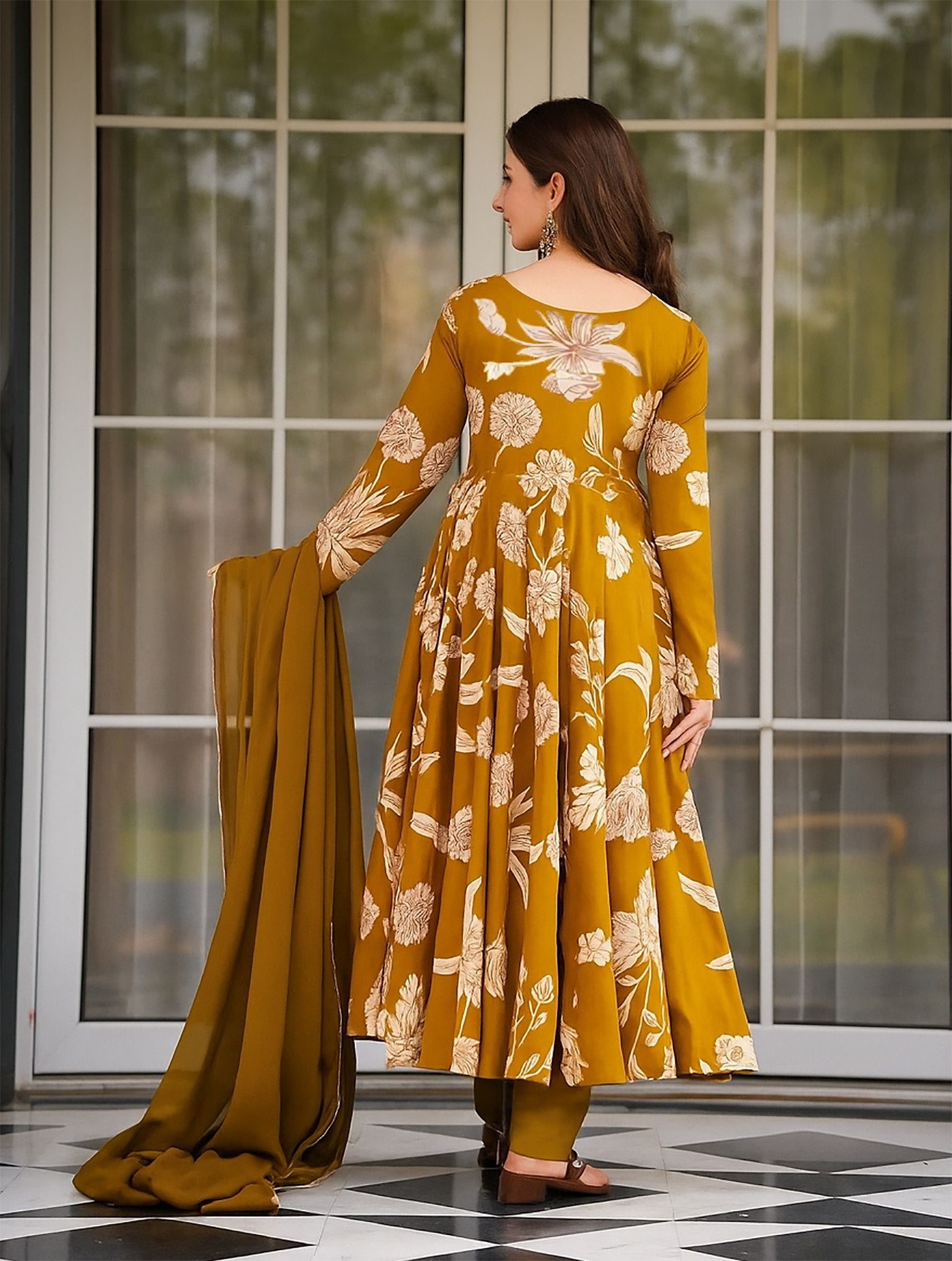 Golden Bloom Anarkali Set - Kurtikala
