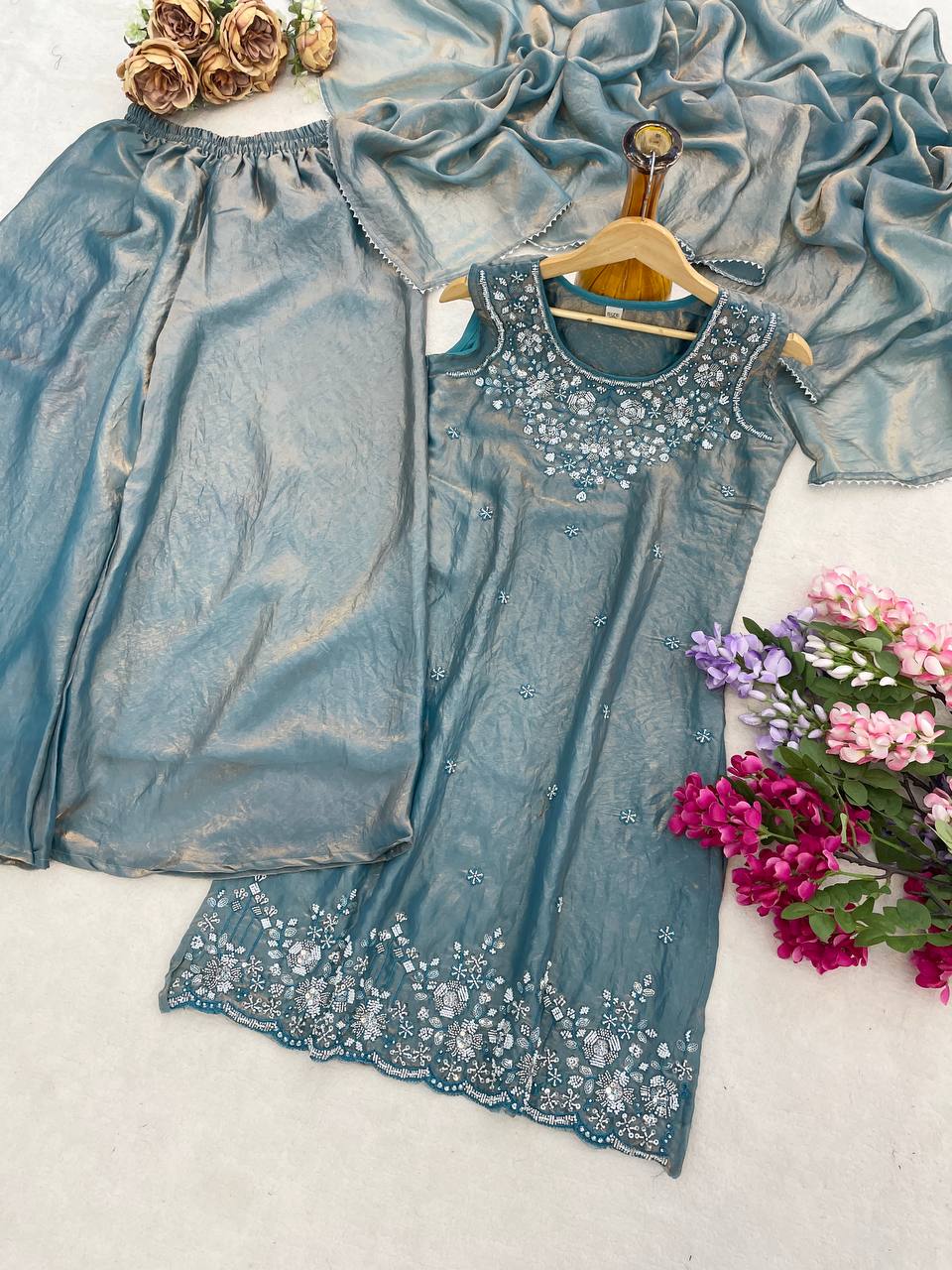 Aqua Elegance Embroidered Palazzo Suit - Kurtikala