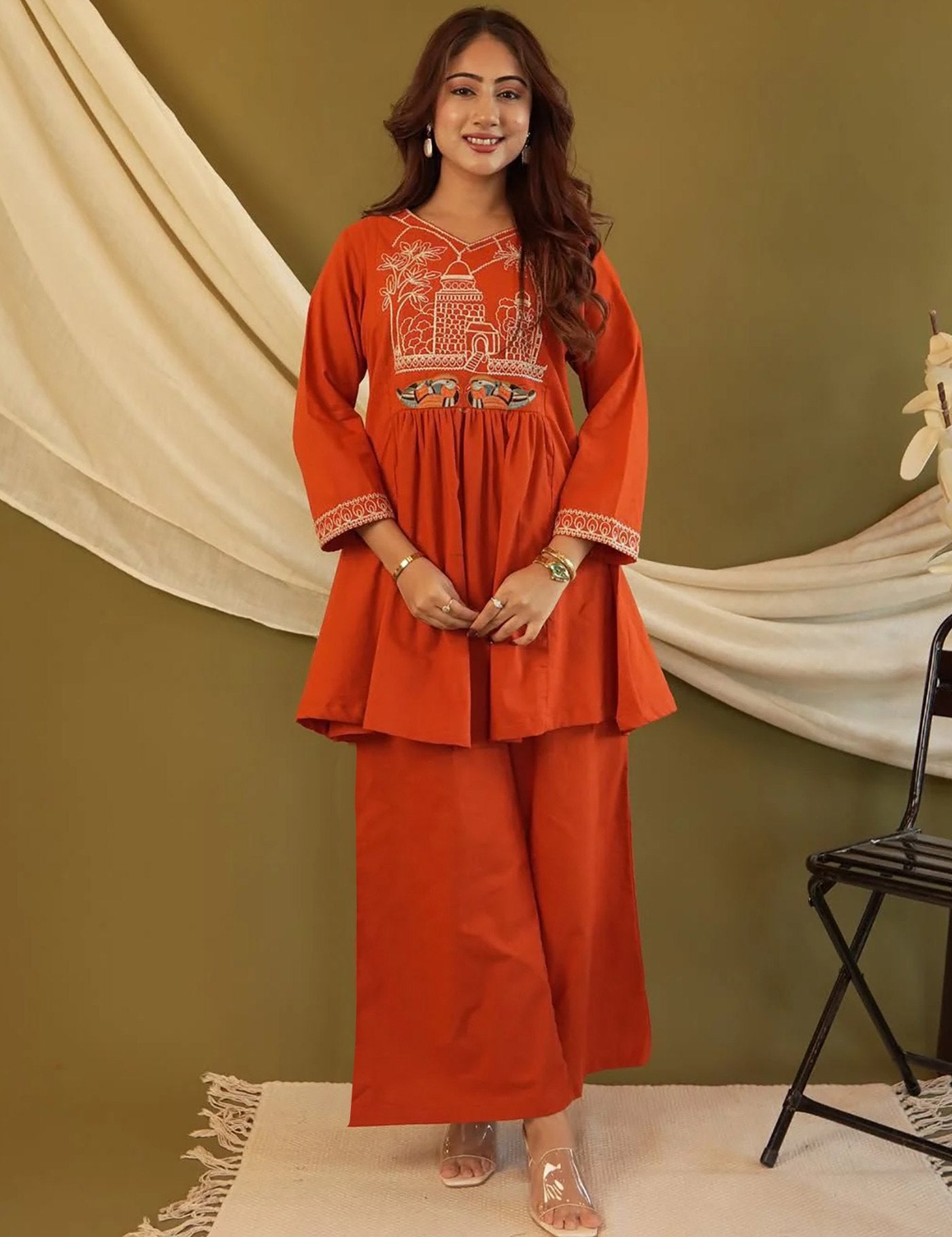 Mehr Rust Embroidered Co - ord Set - Kurtikala