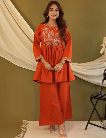 Mehr Rust Embroidered Co - ord Set - Kurtikala
