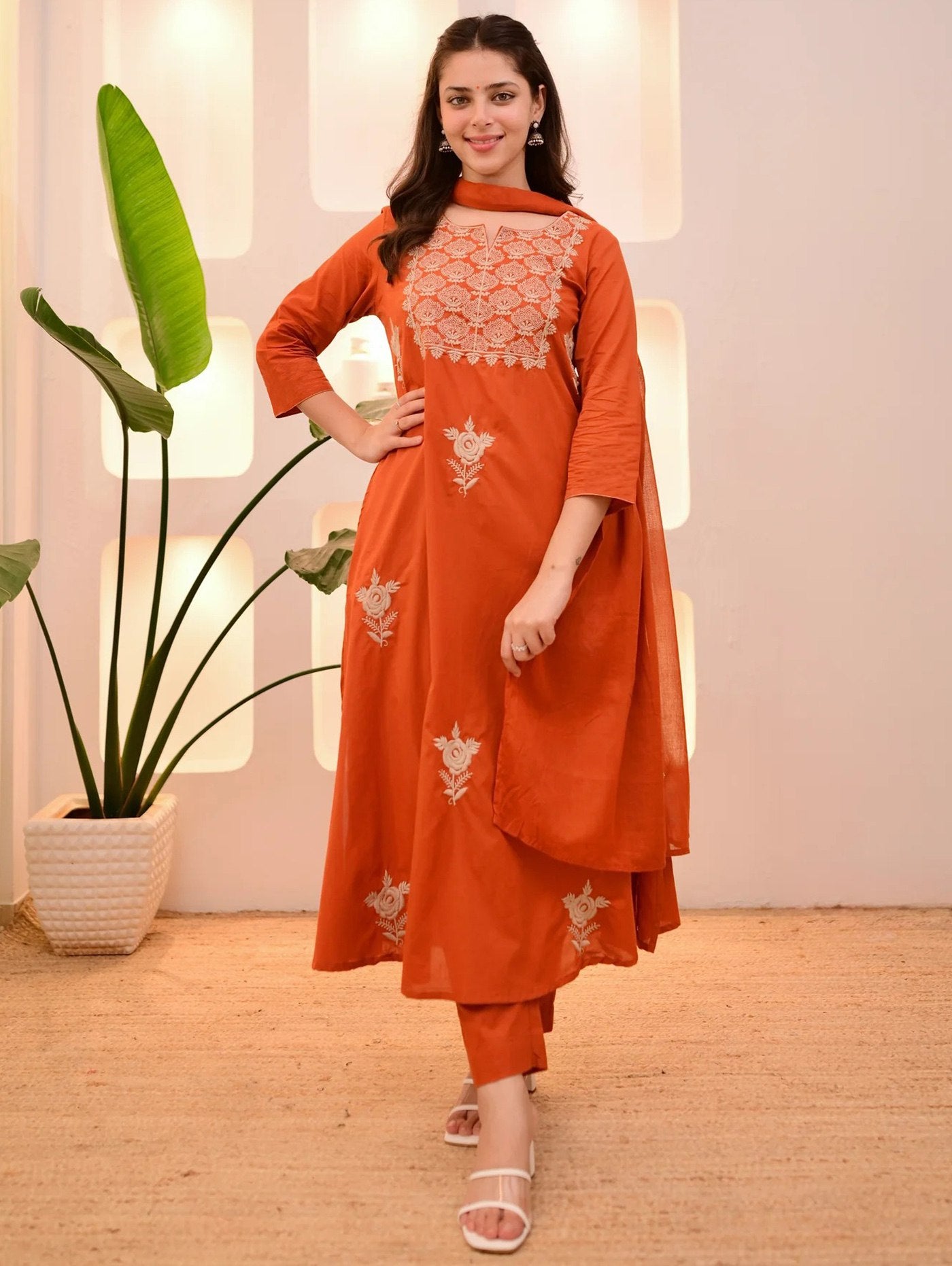 Orange Embroidered Suit Set - Kurtikala