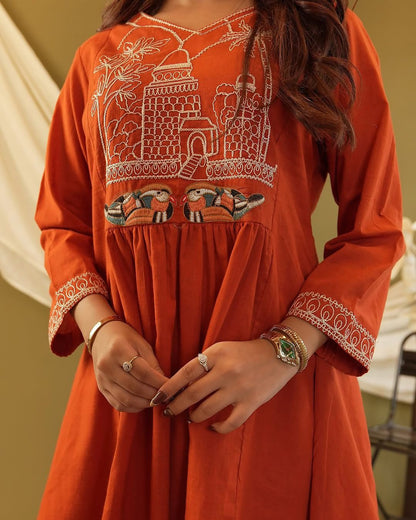 Mehr Rust Embroidered Co - ord Set - Kurtikala