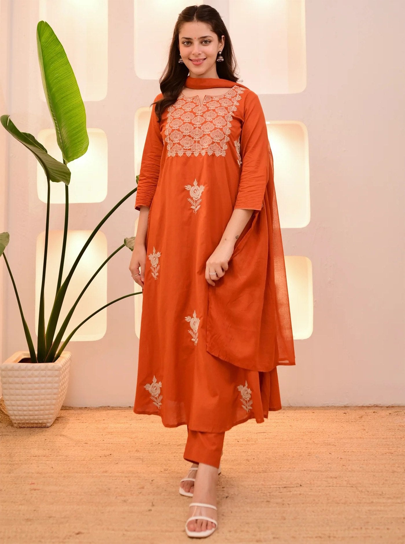 Orange Embroidered Suit Set - Kurtikala