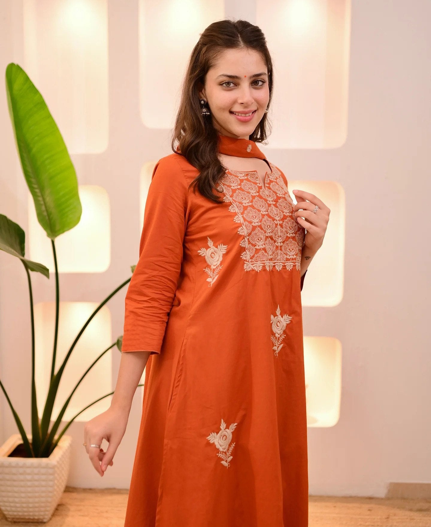 Orange Embroidered Suit Set - Kurtikala