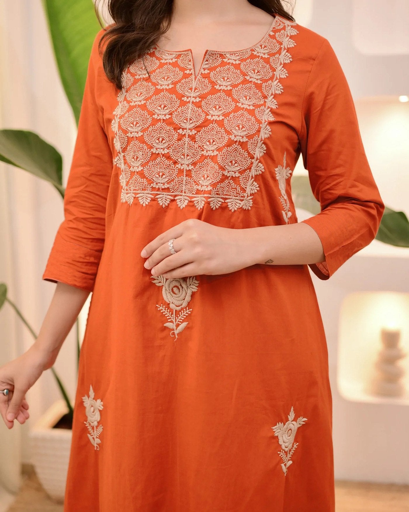 Orange Embroidered Suit Set - Kurtikala