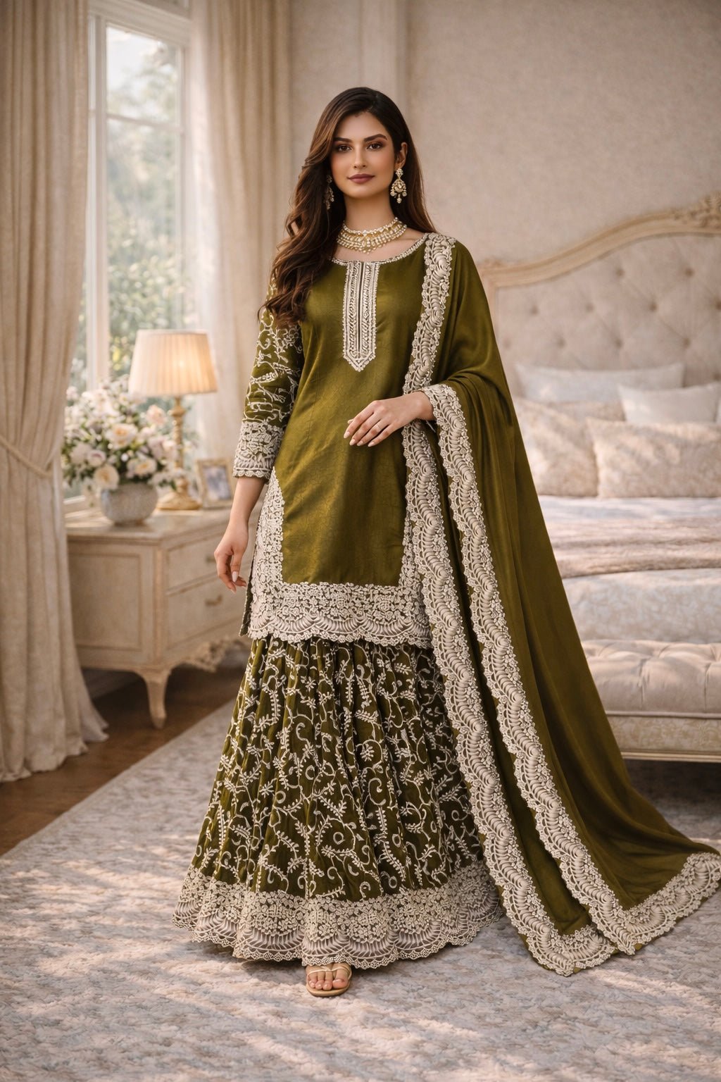 Olive Noor Sharara Set - Kurtikala