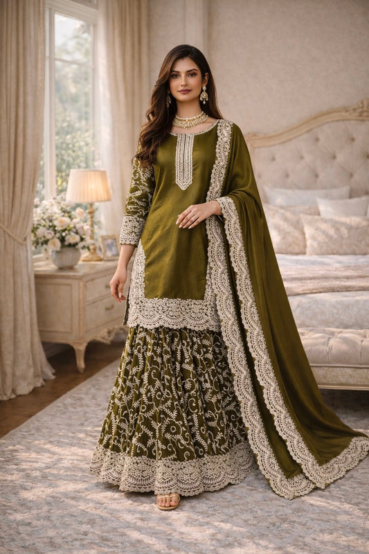 Olive Noor Sharara Set - Kurtikala