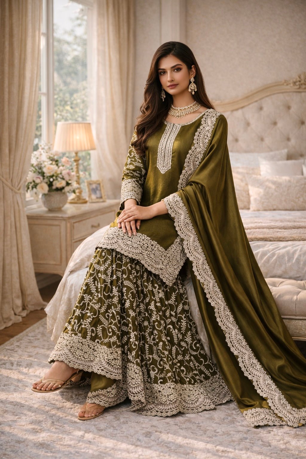 Olive Noor Sharara Set - Kurtikala