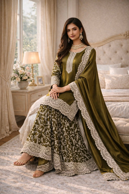 Olive Noor Sharara Set - Kurtikala