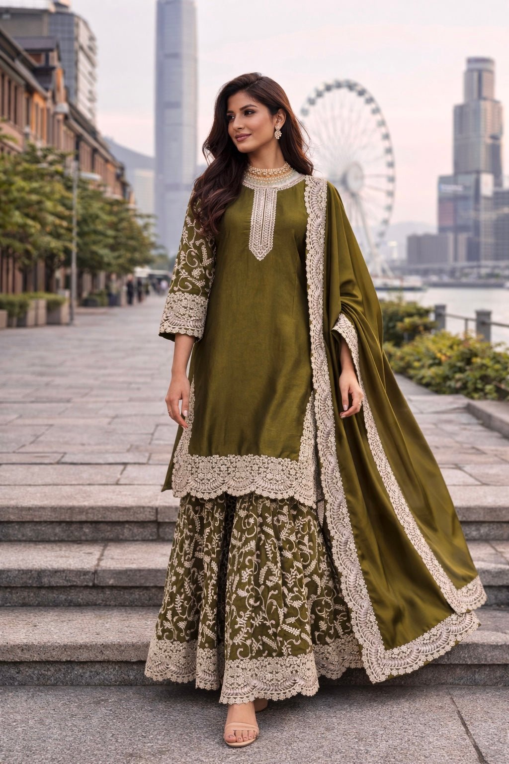Olive Noor Sharara Set - Kurtikala