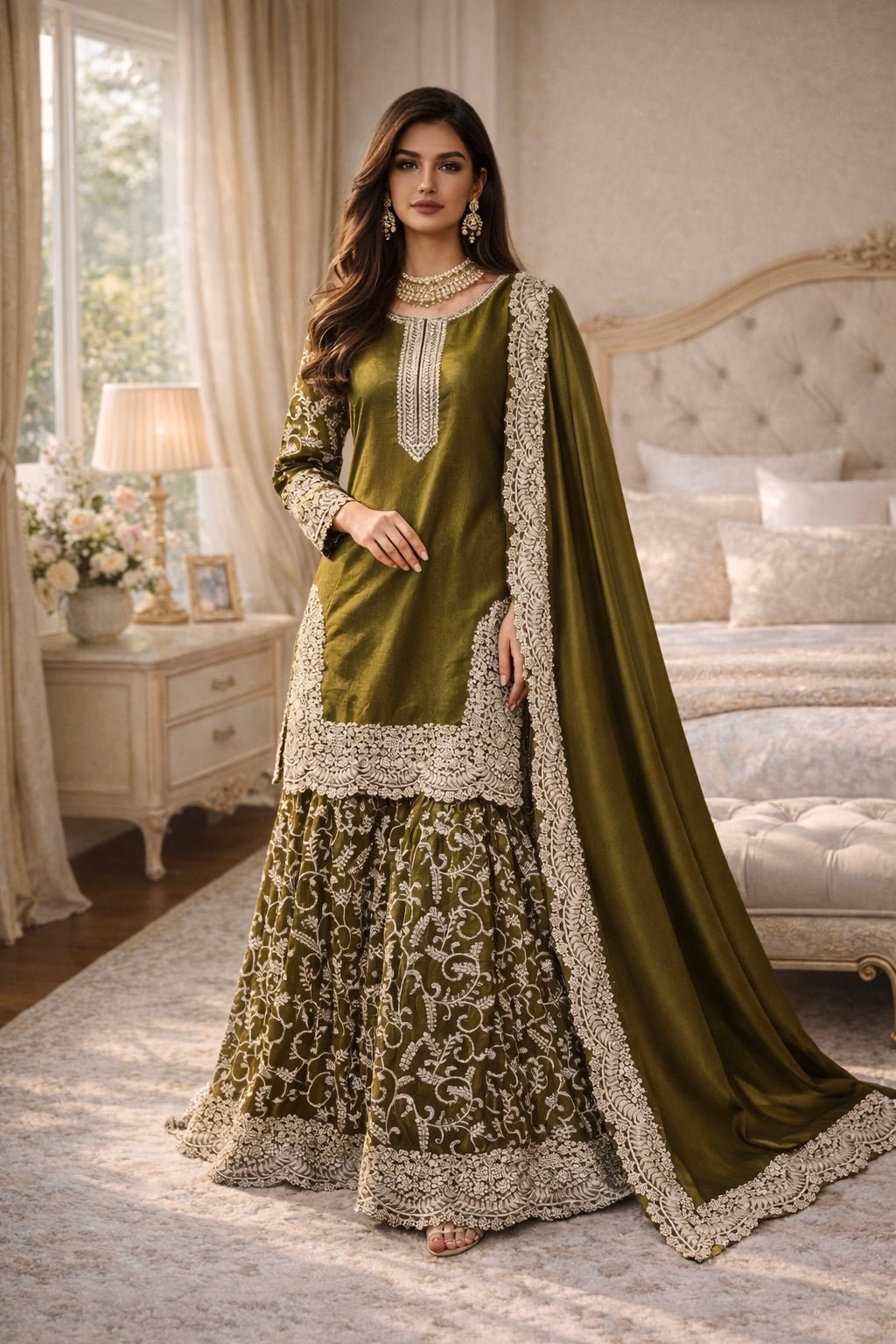 Olive Noor Sharara Set - Kurtikala