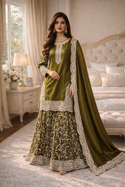 Olive Noor Sharara Set - Kurtikala
