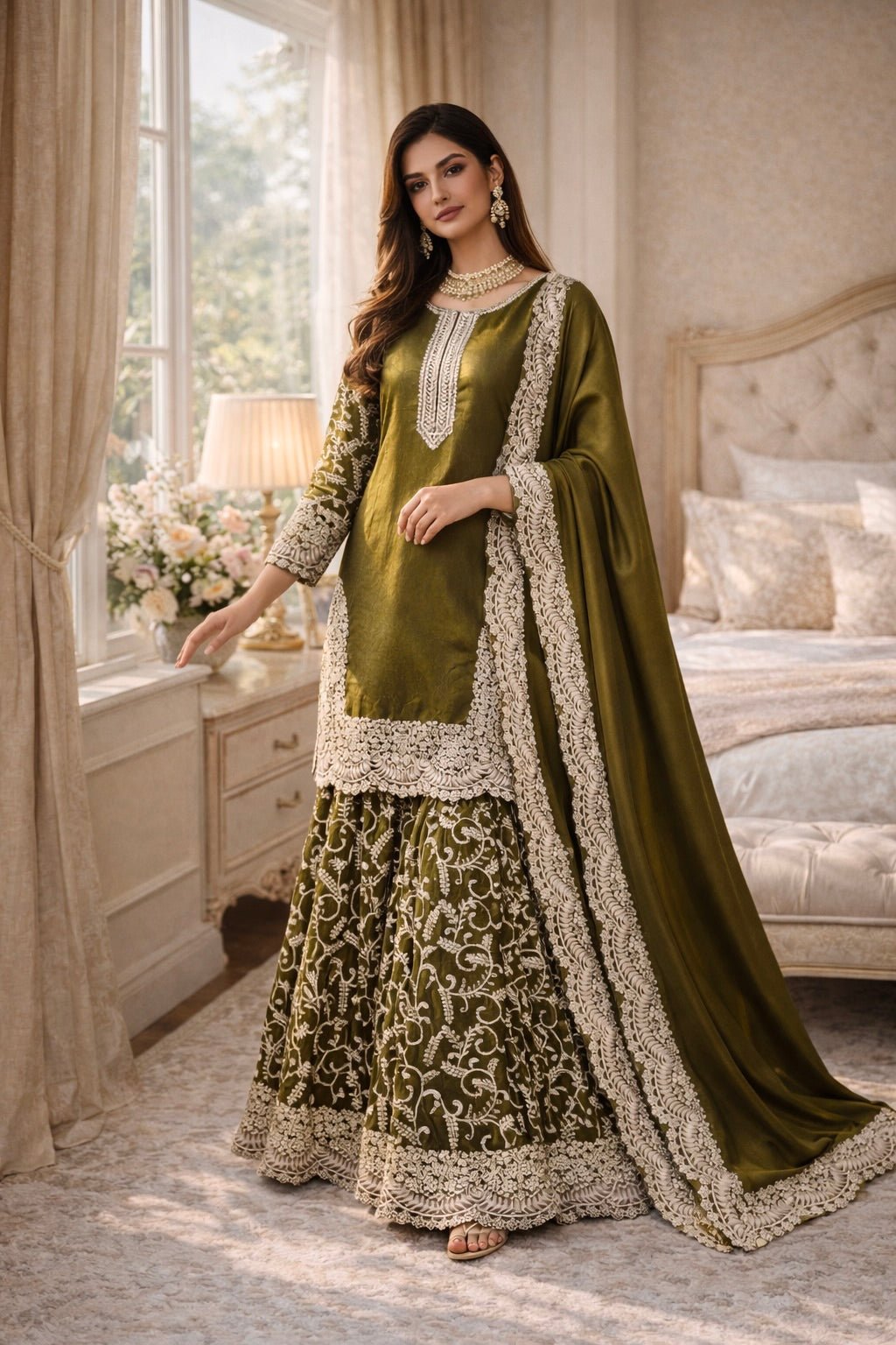 Olive Noor Sharara Set - Kurtikala