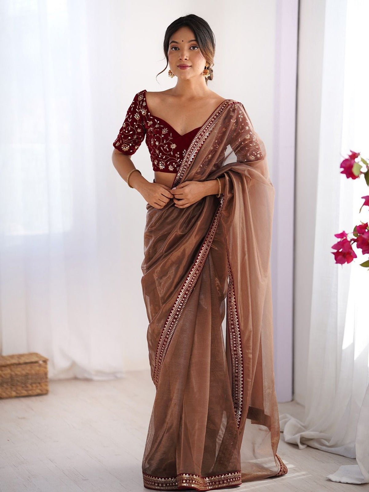 Mocha Elegance Organza Saree - Kurtikala