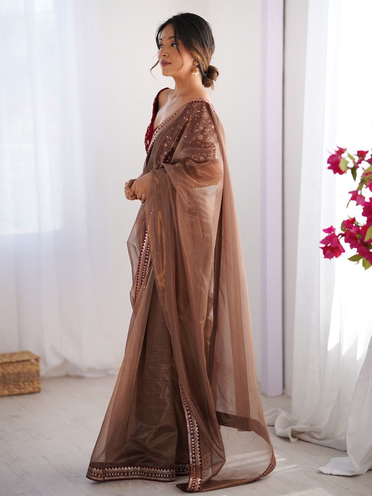 Mocha Elegance Organza Saree