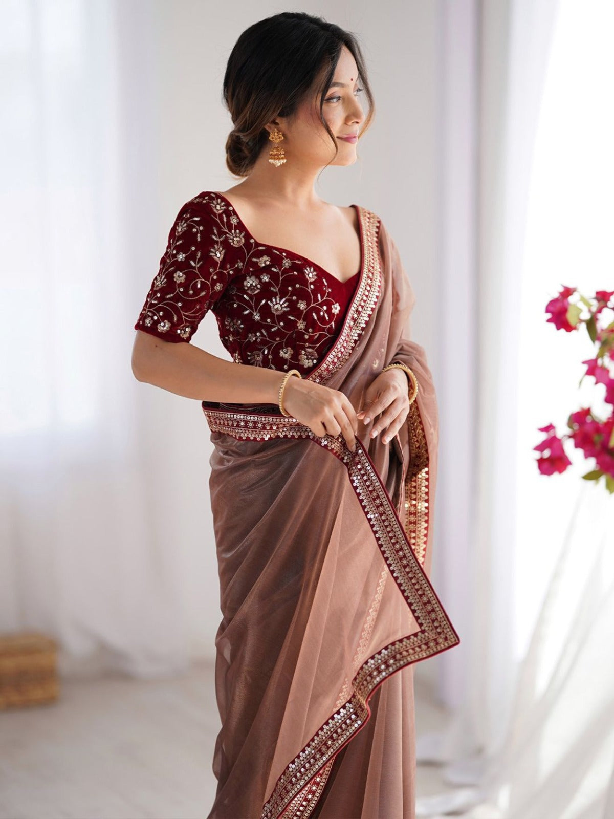 Mocha Elegance Organza Saree