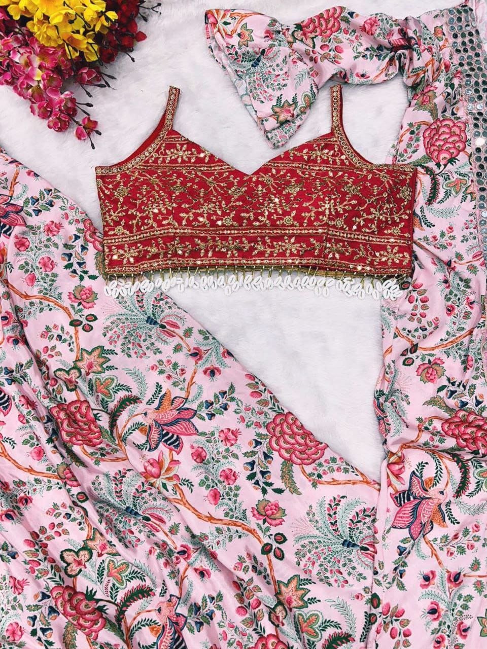 Blush Floral Printed Lehenga Set - Kurtikala