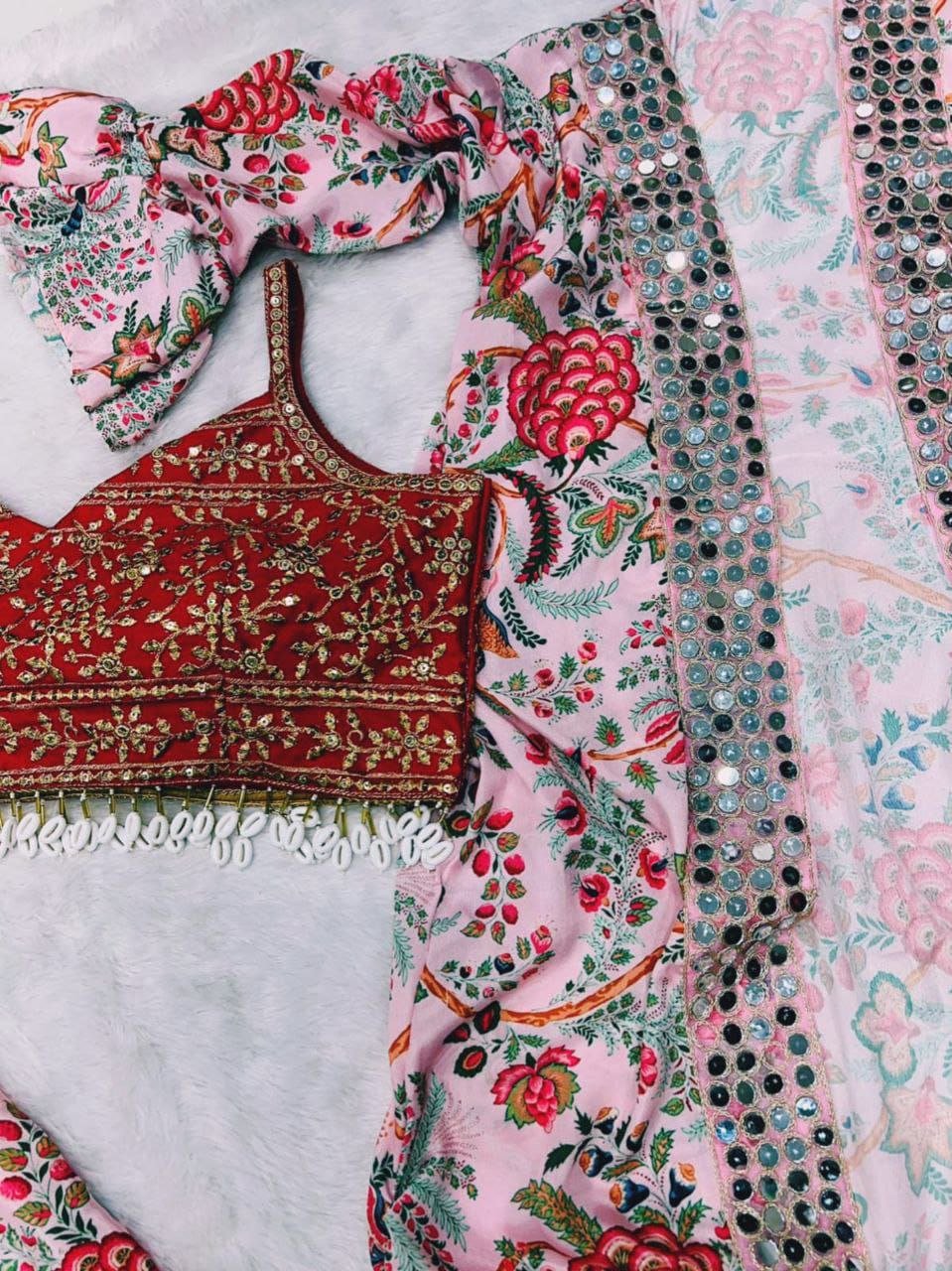 Blush Floral Printed Lehenga Set - Kurtikala