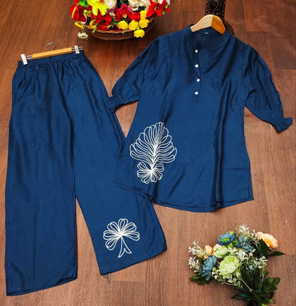 Royal Plum Embroidered Co - ord Set - Kurtikala