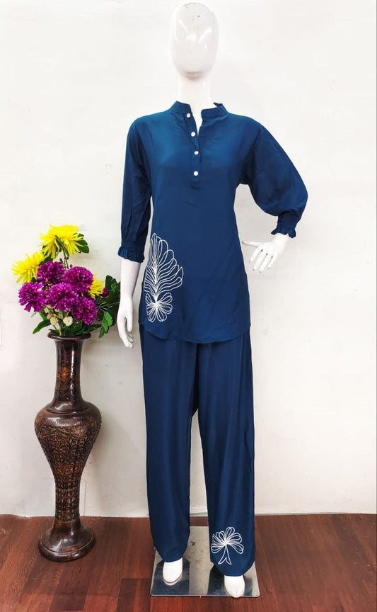 Royal Plum Embroidered Co - ord Set - Kurtikala