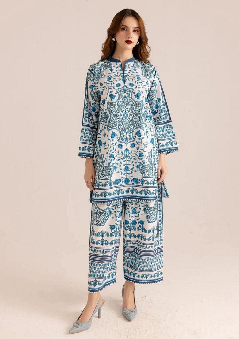 Azure Bloom Satin Co - Ord Set - Kurtikala
