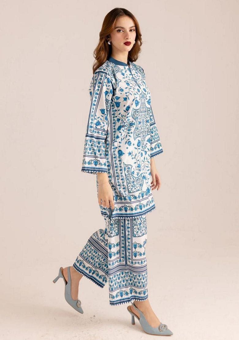 Azure Bloom Satin Co - Ord Set - Kurtikala