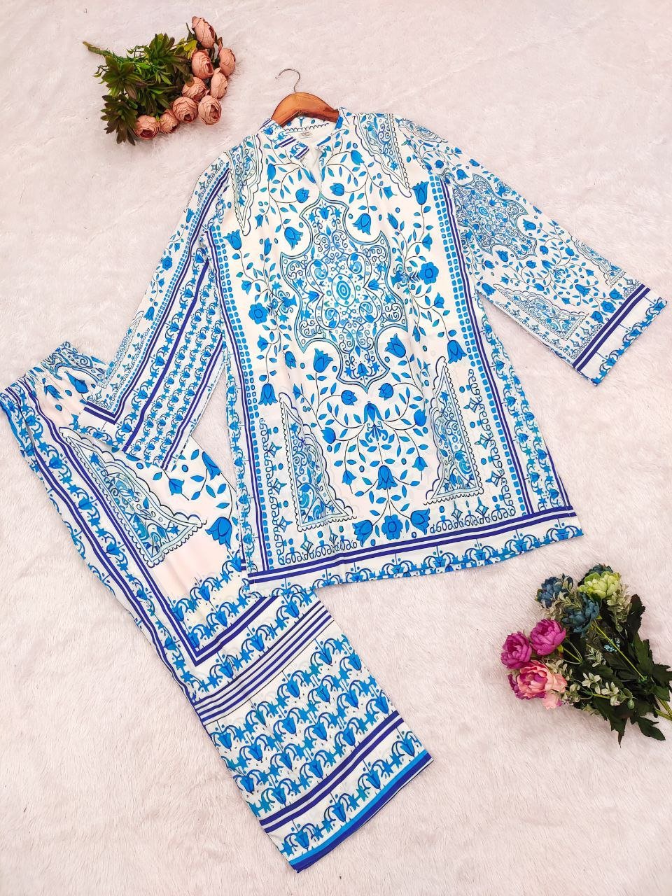 Azure Bloom Satin Co - Ord Set - Kurtikala