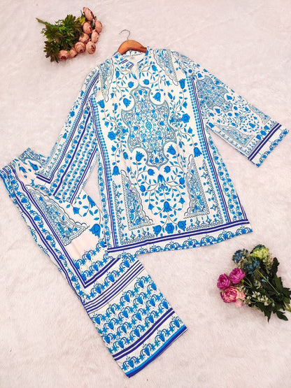 Azure Bloom Satin Co - Ord Set - Kurtikala