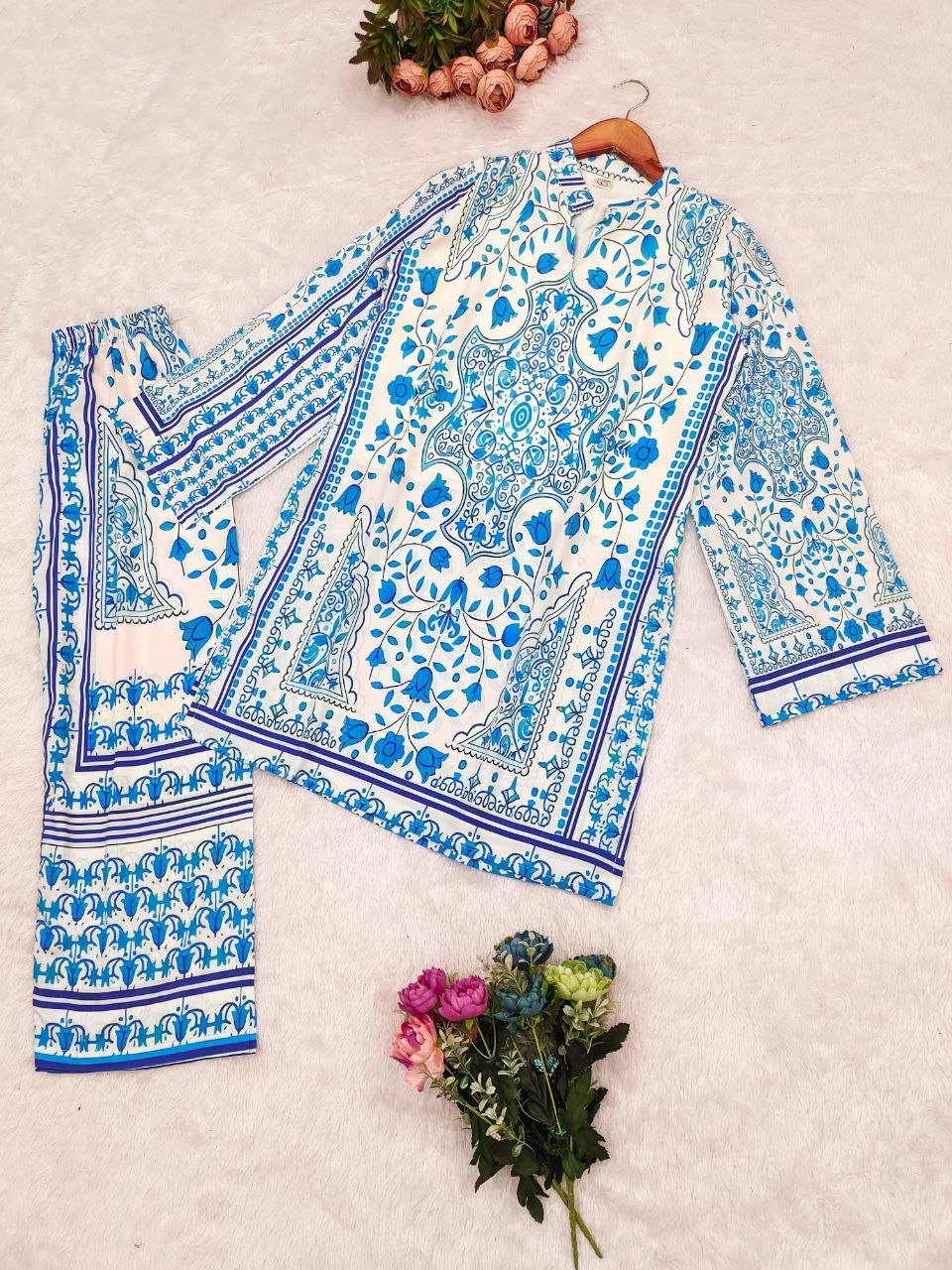 Azure Bloom Satin Co - Ord Set - Kurtikala