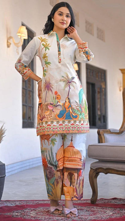 White Garden Digital Co - Ord Set - Kurtikala