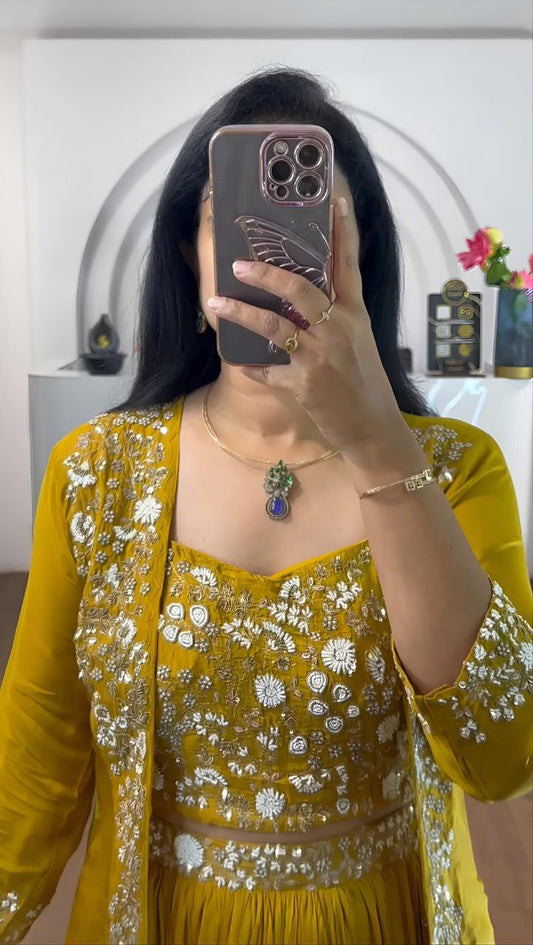 Mustard Elegance Chinnon Silk Shrug Set