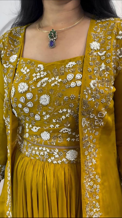 Mustard Elegance Chinnon Silk Shrug Set