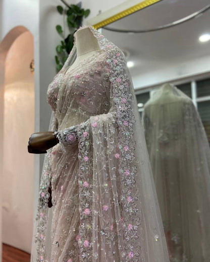 Rose Mist Embroidered Net Saree