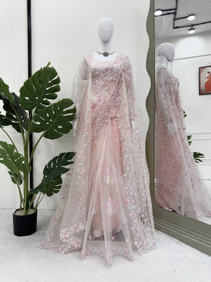 Rose Mist Embroidered Net Saree