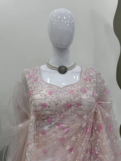 Rose Mist Embroidered Net Saree