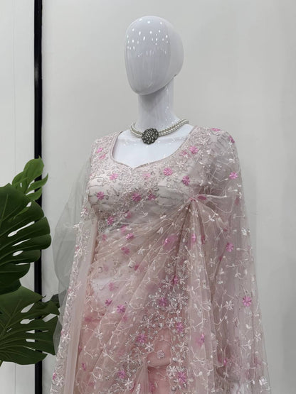 Rose Mist Embroidered Net Saree