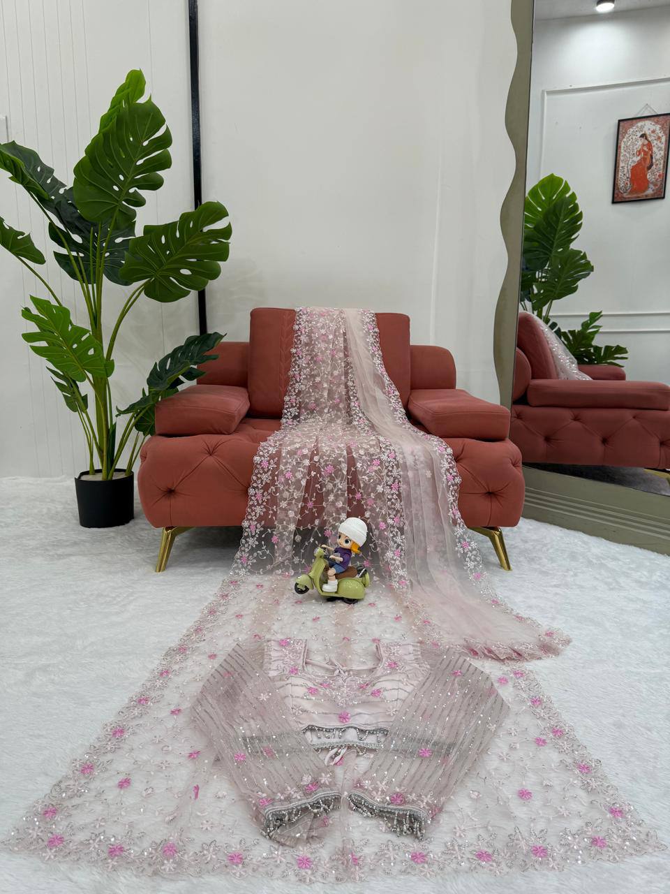 Rose Mist Embroidered Net Saree