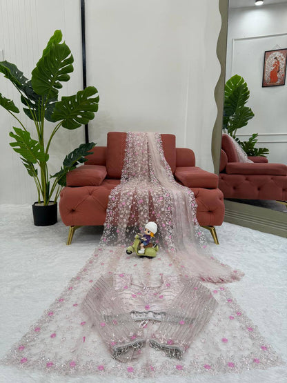 Rose Mist Embroidered Net Saree