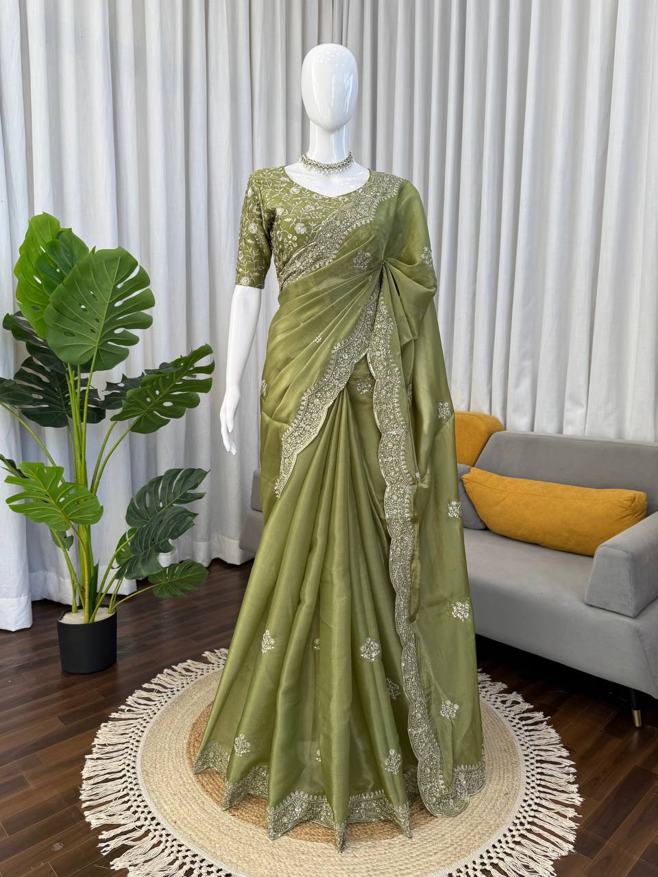 Olive Zariya Tibby Silk Saree