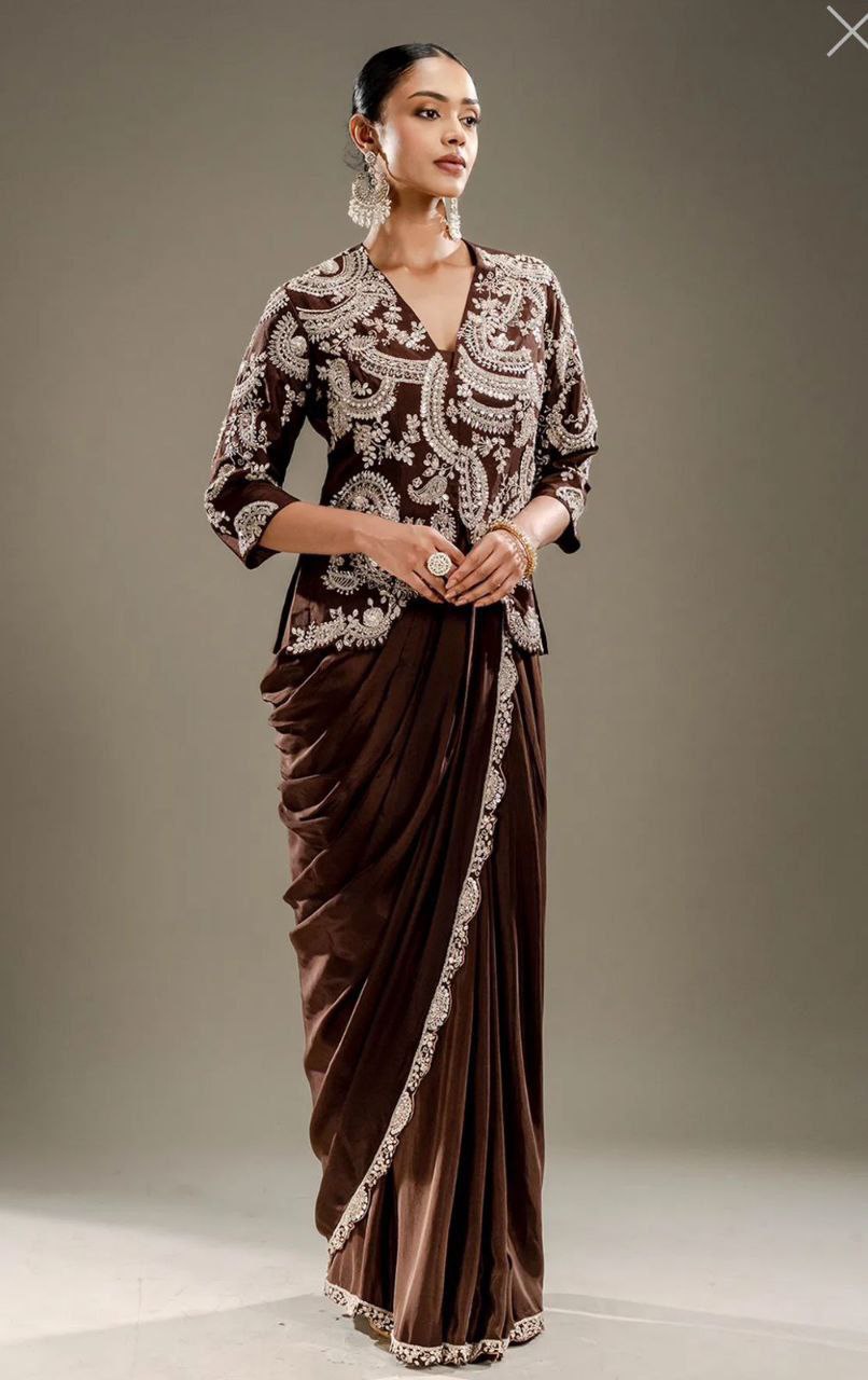 Royal Cocoa Embroidered Draped Saree
