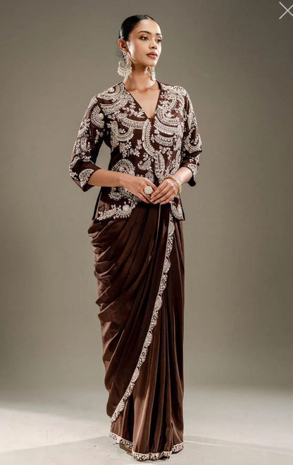 Royal Cocoa Embroidered Draped Saree