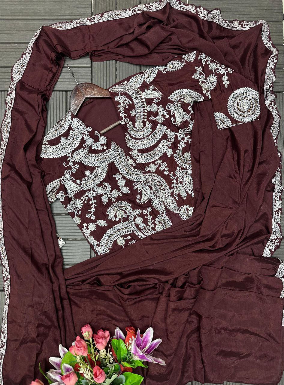 Royal Cocoa Embroidered Draped Saree